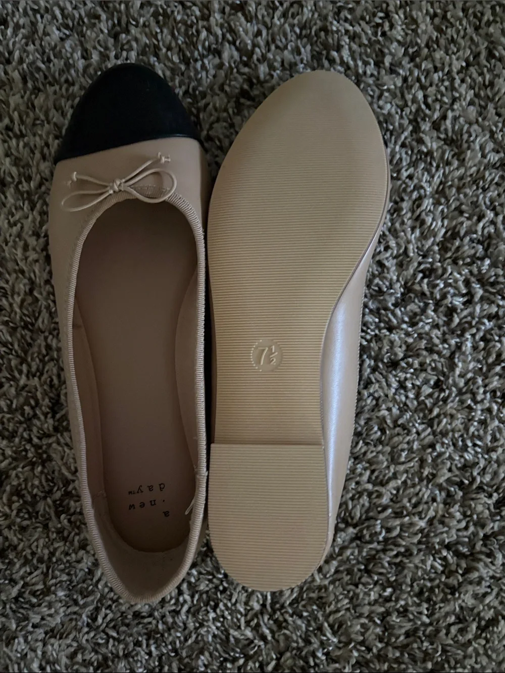 a new day Beige Flats with Black Cap Toe and Bow